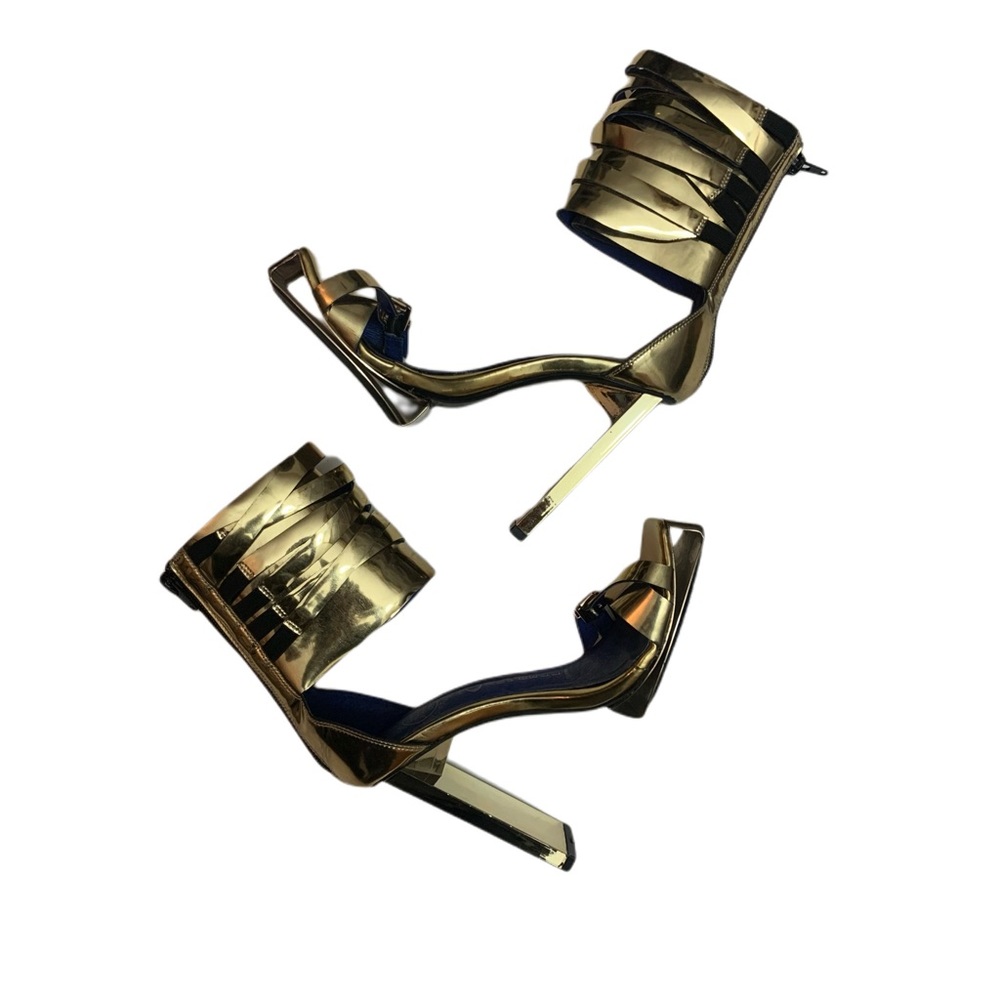 Jeffery Campbell Sexy Gold Mirror Platform Ankle Strap Zipper Back Heels Sandals